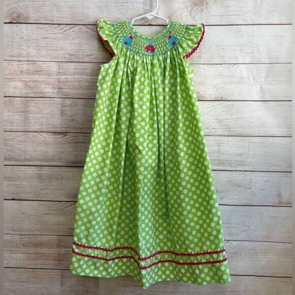 STITCHED AND SMOCKED GREEN AND WHITE POLKA DOT DRESS WITH EMBROIDERED LADYBUGS - Picture 1 of 9